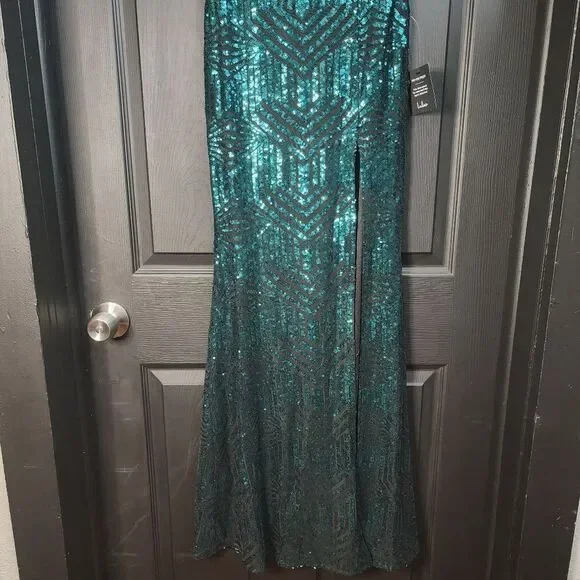 Lulus 'Dazzling Magic' Teal and Black Sequin Strapless Maxi Dress - Picture 7 of 16